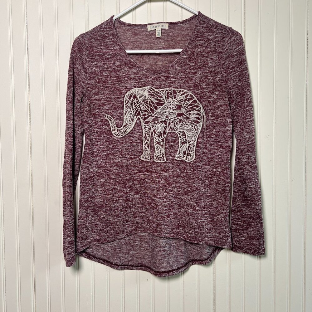 Aeropostale - Elephant‎ Design - XS Long sleeve - Marled Burgandy / White